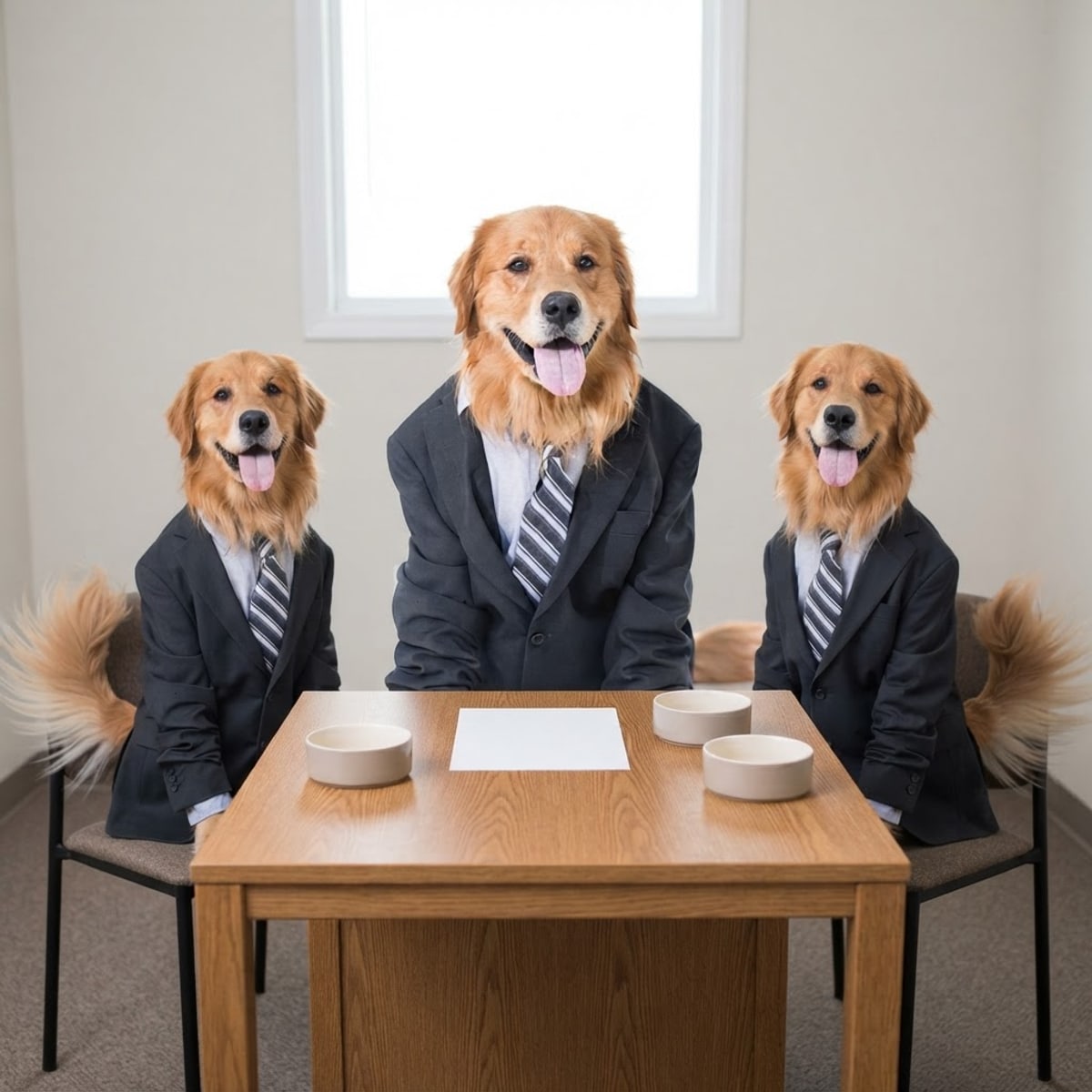 Meme: agenda item one: tail wag. agenda item two: also tail wag. meeting adjourned, snouts up