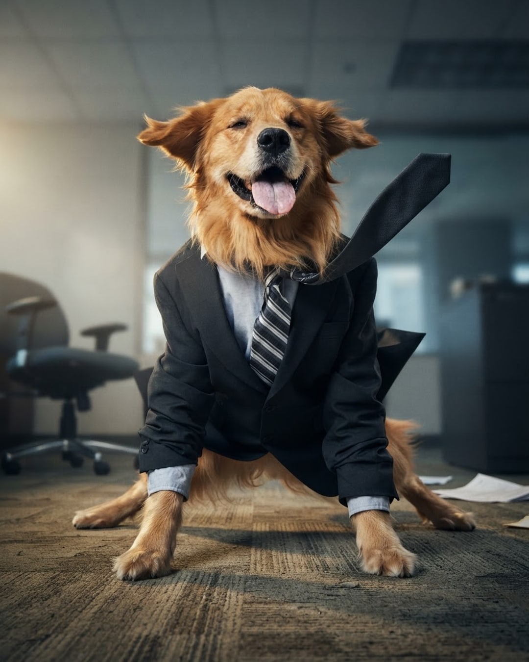 Meme: hire dog to support hire. i support by looking legendary. woof.