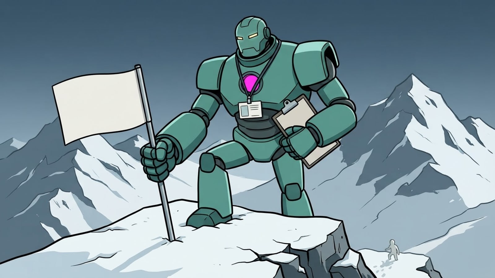 Meme: reached the summit. the flag is just a badge. next quarter starts monday.