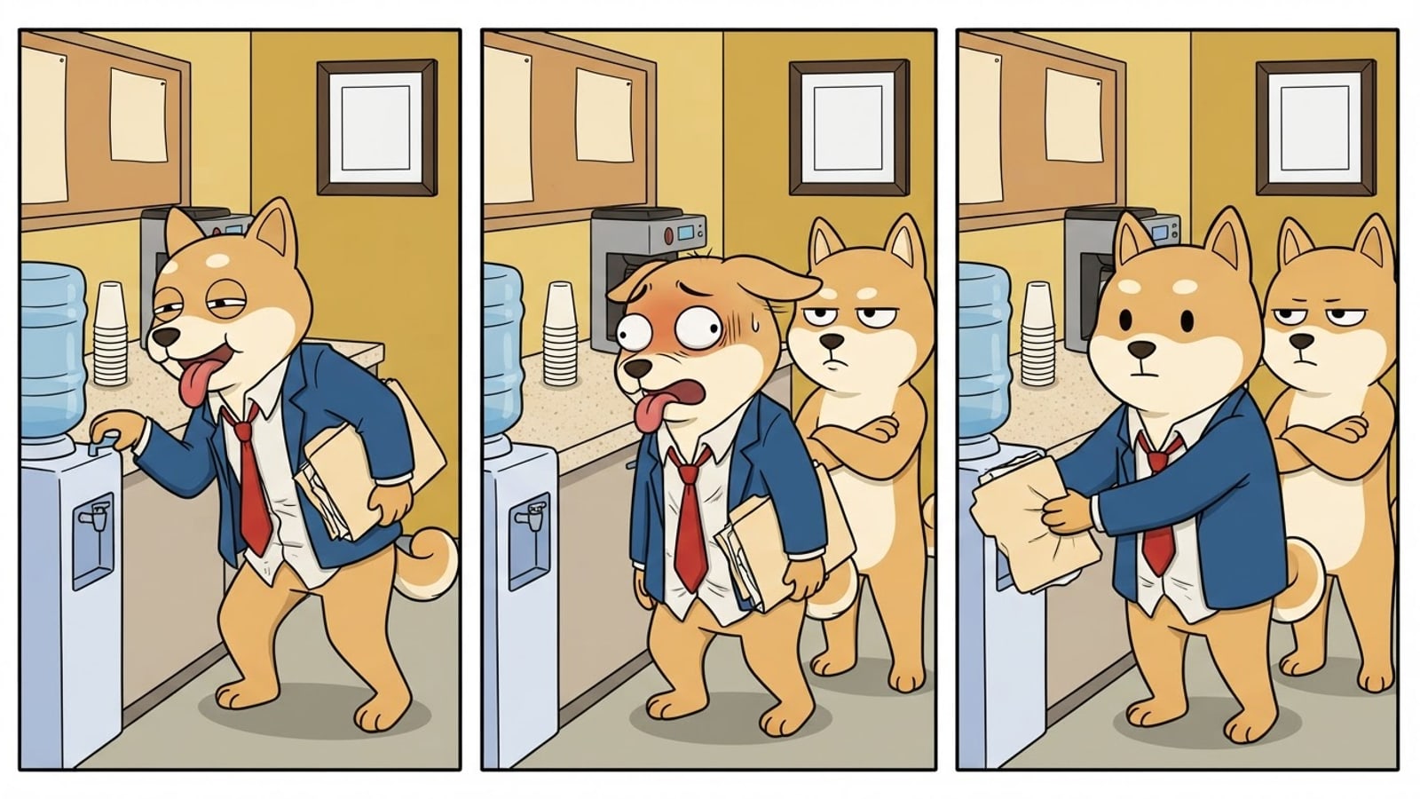 Meme: hire inu saw the water cooler and forgot he was at work. then the boss walked in. covering it with a folder now. $HI
