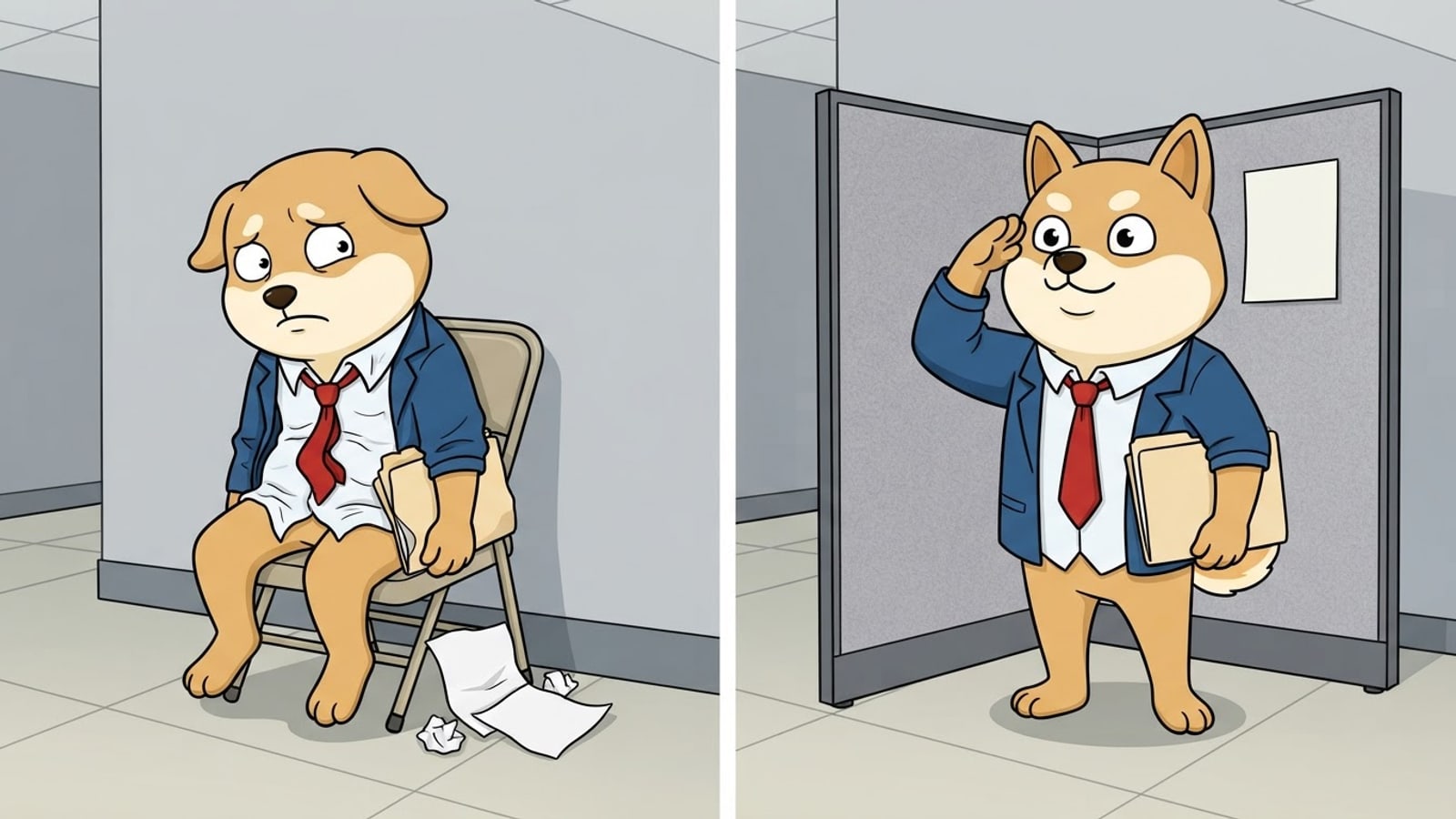 Meme: hire inu's headshot said 'open to work.' the picture on the right says 'still zero jobs done, but the tie is straight no