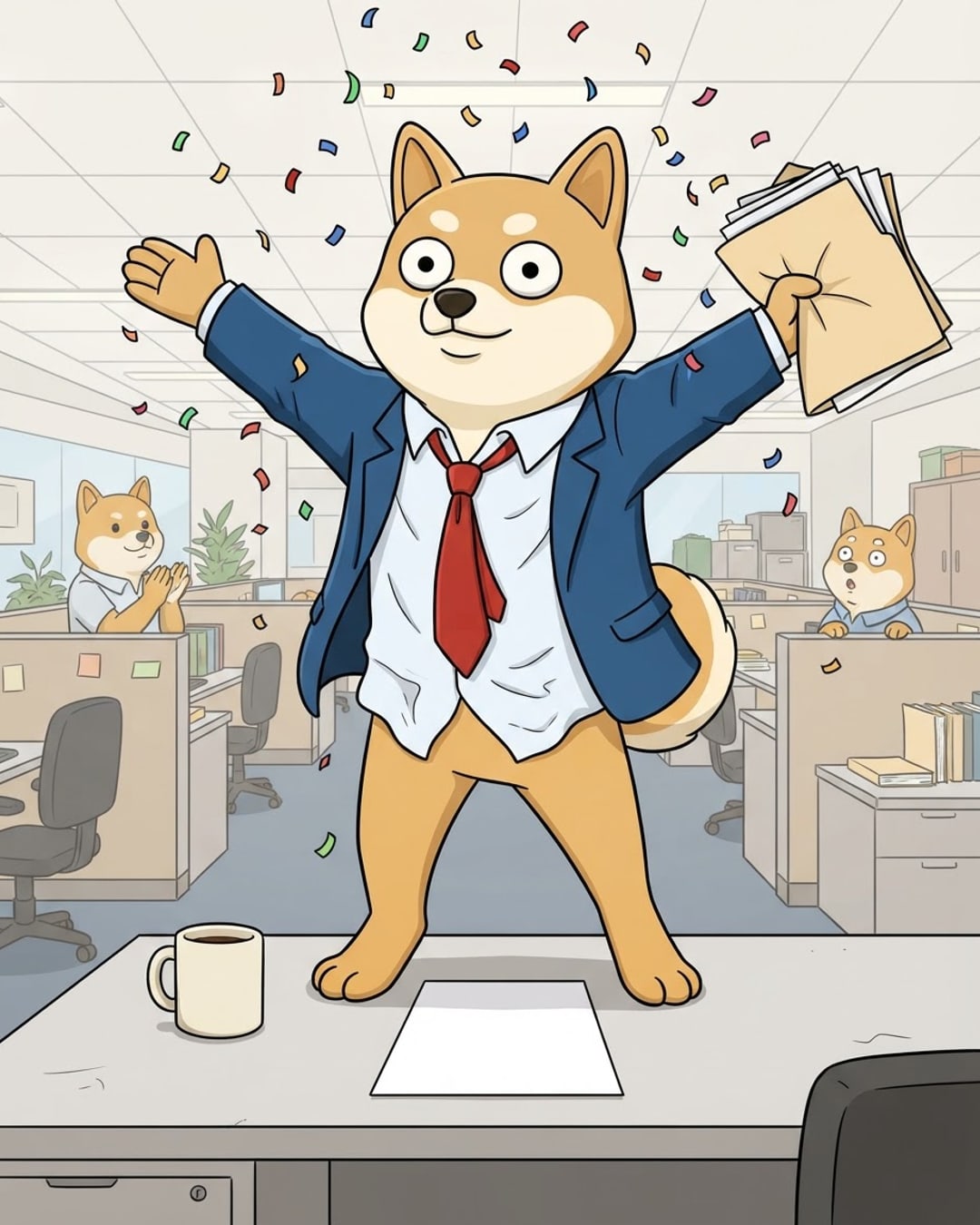 Meme: 100 holders and the dog is on his desk throwing confetti like it's quarterly earnings. every new holder is a new coworke